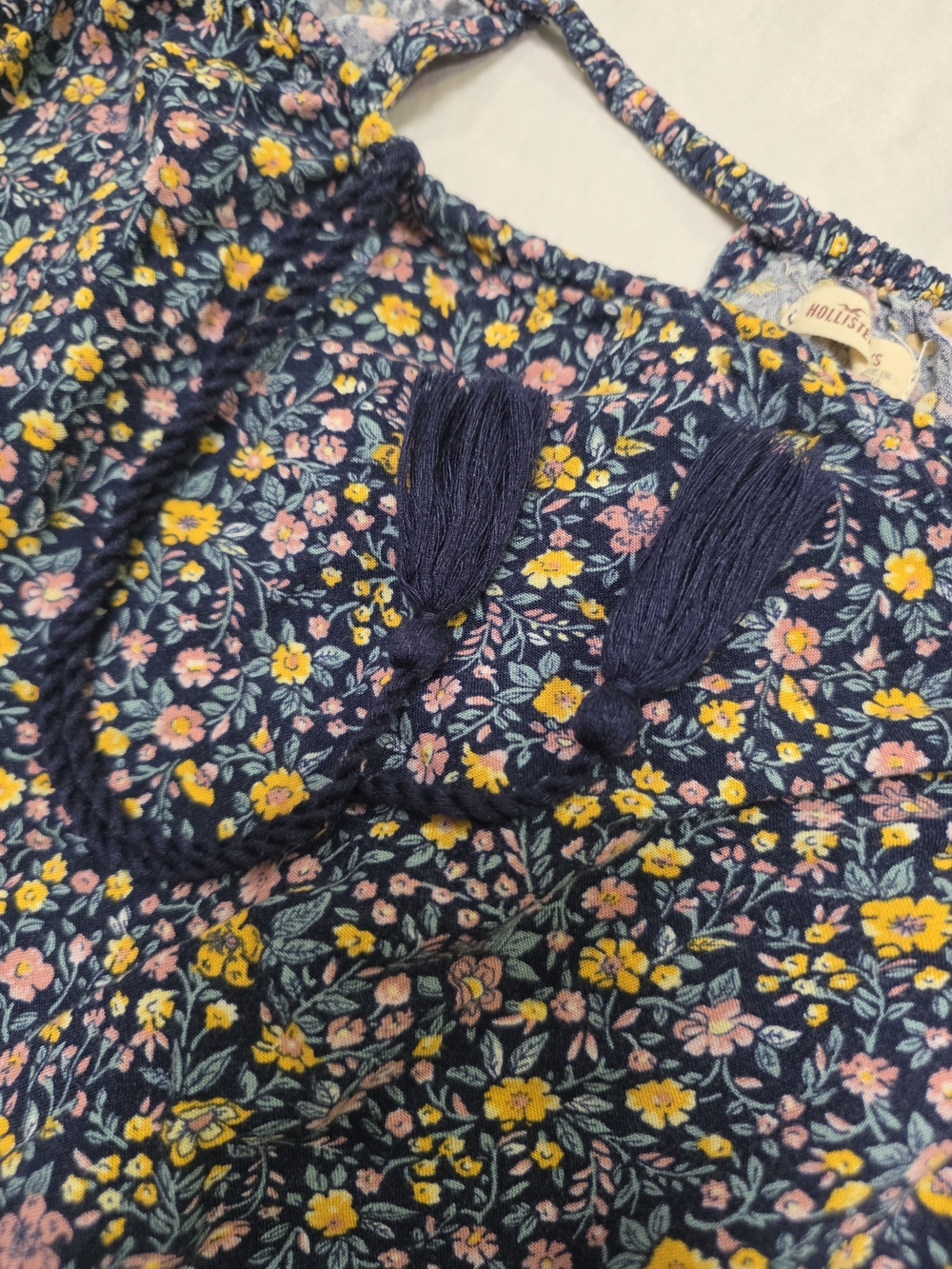 Hollister Navy Floral Tassel Drawstring Top with Pink & Yellow Flowers